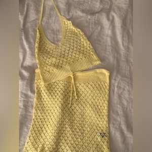 Yellow knit cover up top and skirt matching